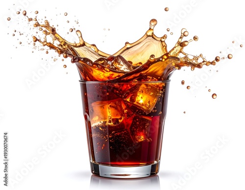 Glass of dark liquid with ice cubes, resulting in a dynamic splash upward. High-speed photography captures the moment