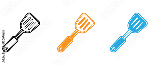 Three different colored kitchen utensils used for serving or flipping food items isolated on transparent background, Vector