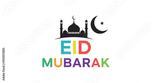 A vibrant eid mubarak greeting featuring a mosque and crescent moon in black silhouette high quality professional detailed