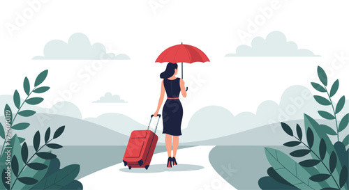 Back view of a woman in a black dress walking while carrying a red umbrella and pulling a red suitcase through a scenic landscape.