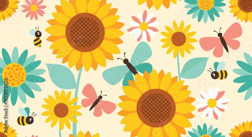 Seamless sunflower and butterfly vector pattern with bees and daisies for spring designs