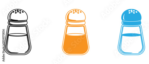 Three differently colored salt and pepper shakers in a row. isolated on transparent background, Vector