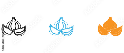 Three stylized depictions of garlic bulbs with different artistic color schemes isolated on transparent background, Vector
