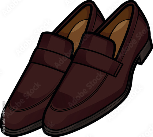 Colored vector illustration of a pair of brown penny loafer leather shoes from an angled perspective. Features realistic shading. Perfect for formal menswear, retail catalogs, and fashion editorial.