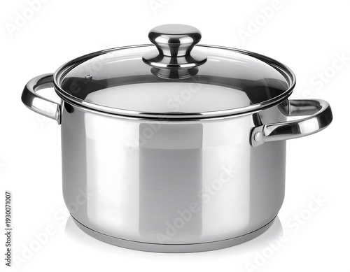 Gleaming stainless-steel stockpot with a transparent glass lid, showcasing its reflective surface and robust handles, positioned on a clean white backdrop