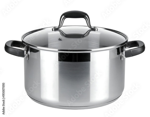 Gleaming stainless steel stockpot with a glass lid, featuring black handles and a shiny reflective surface