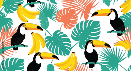 Tropical toucan vector pattern with bananas and palm leaves seamless summer background