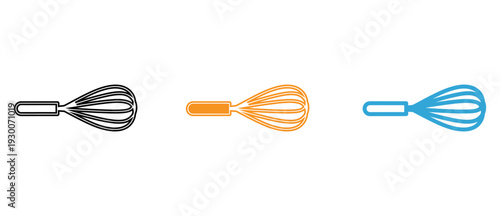 Three differently colored whisk sets displayed in a minimalist style isolated on transparent background, Vector