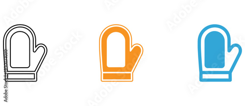 Three stylized oven mitts in different colors for kitchen use isolated on transparent background, Vector