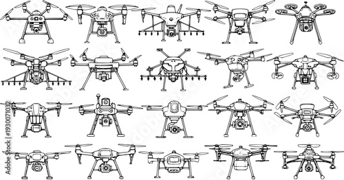 Detailed Hand-drawn Line Art Collection of Various Modern Drones (UAVs) with Different Designs, including Quadcopters, Hexacopters, and Octocopters, for Technology and Aviation