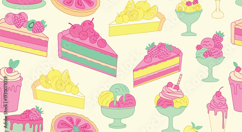 Seamless pastel dessert vector pattern with cakes, ice cream, and fruit for bakery design