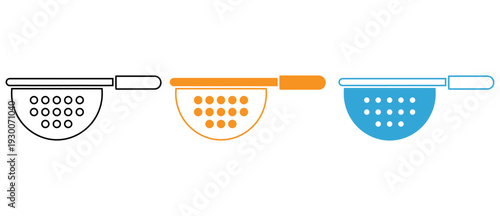 Three stylized kitchen strainers in different colors and designs displayed in a row isolated on transparent background, Vector