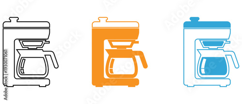 Three stylized coffee makers in different colors and designs displayed side by side isolated on transparent background, Vector