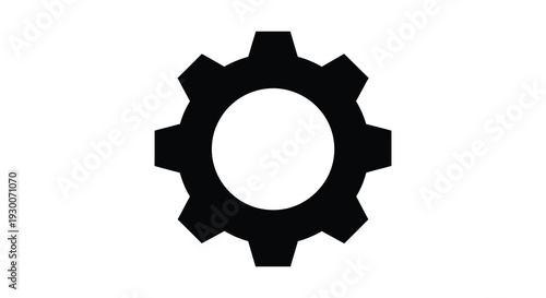 A stark black gear icon against a white backdrop presents a mechanical industrial aesthetic silhouette high quality professional