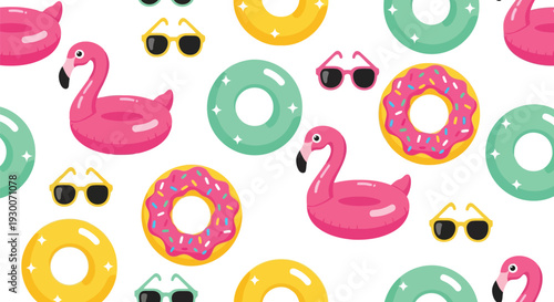 Summer pool float vector pattern with flamingos, donuts, sunglasses seamless background