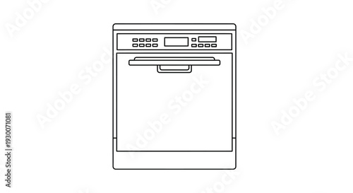Line art illustration of a modern dishwasher front view with control panel