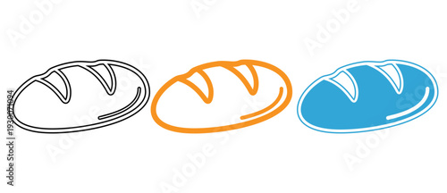 Three stylized bread icons in varying shades and shapes representing baked goods variety isolated on transparent background, Vector