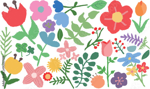 자연 식물 꽃 나무 풀 손그림 크레파스 질감 아이그림