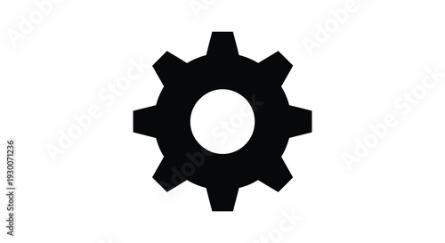 A stark black gear icon against a white background presents a simple mechanical design silhouette high quality professional