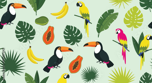 Tropical birds and fruits seamless vector pattern with toucans, parrots, and jungle leaves