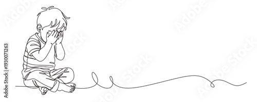 continuous single line drawing of sad or frustrated toddler boy sitting on floor hiding face behind hands  line art vector illustration