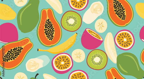 Tropical Fruit Vector Pattern with Papaya, Kiwi, Banana, and Exotic Summer Fruits
