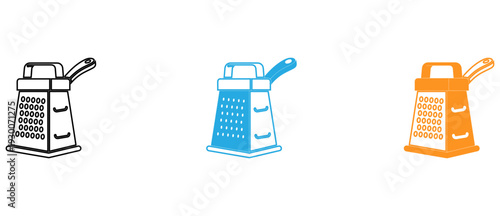 Three stylized illustrations of a kitchen grater in different colors and designs isolated on transparent background, Vector