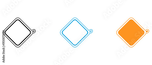 Three stylized icons depicting a camera, a diamond shape, and a tag or label isolated on transparent background, Vector