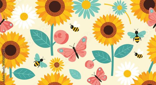 Seamless Sunflower and Butterfly Vector Pattern with Bees and Daisies for Spring Designs