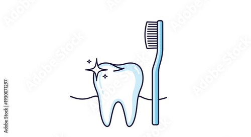 Simple blue line art illustration of a shiny clean white tooth next to a standing blue toothbrush on a white background.