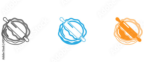 Three stylized abstract icons depicting interconnected circular and linear elements in white, blue, and orange isolated on transparent background, Vector