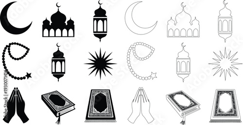 Islamic cultural and religious including mosques, moons, and prayer