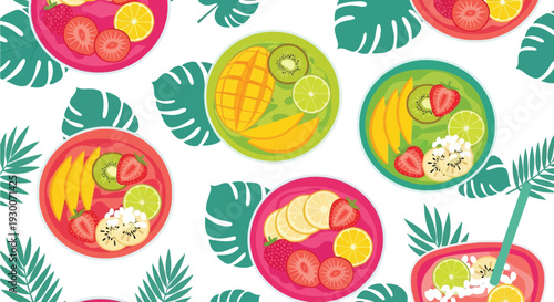 Tropical fruit bowl vector pattern with mango, kiwi, banana, and palm leaves seamless background