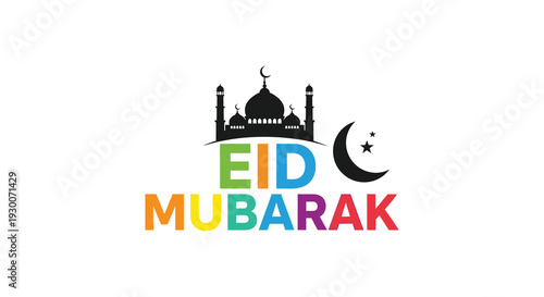 A colorful eid mubarak greeting featuring a mosque and crescent moon silhouette high quality professional detailed modern elegant