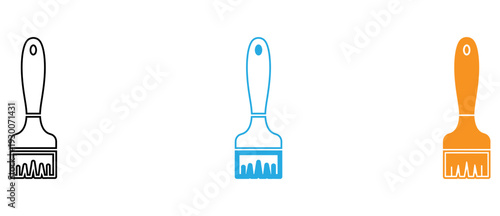 Three stylized paintbrushes in different colors and designs displayed side by side isolated on transparent background, Vector