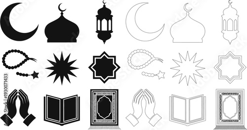 Islamic cultural symbols and religious in black and white silhouette and outline styles