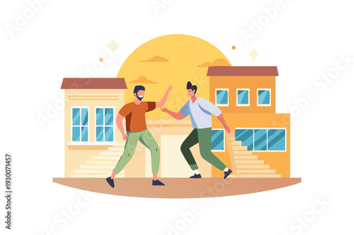Two men are dancing on a building on a sunny day, minimal illustration, vector
