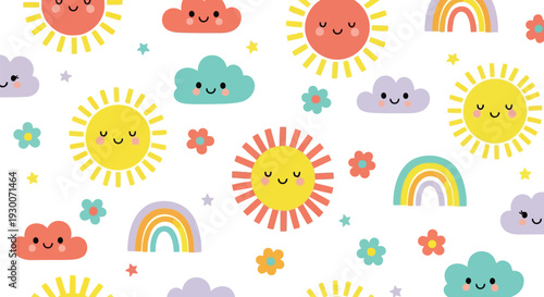 Cute Sun and Cloud Vector Pattern with Rainbows and Flowers for Kids Seamless Design