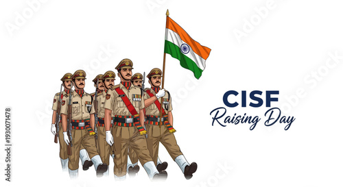 Illustration of Indian paramilitary forces marching with a flag on CISF Raising Day, a national security celebration in India.