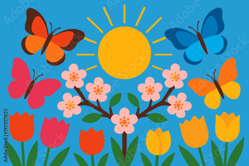 Spring Butterflies and Blossoms at Equinox Moment