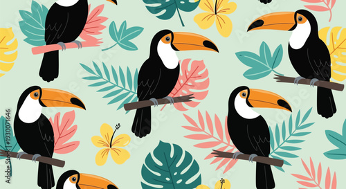 Tropical toucan vector pattern with colorful leaves and flowers seamless background