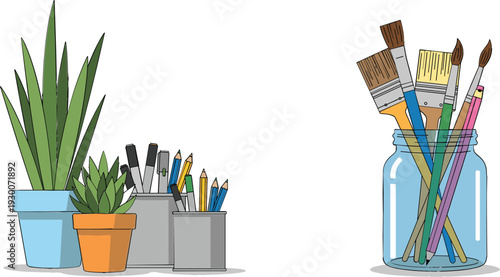 Stationery and Plant Icon Set for Office, Creative Workspaces, Digital Design, and Crafting Projects