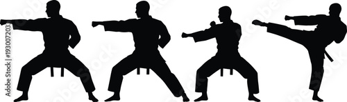 Four martial arts silhouettes in sequential poses, showcasing kata progression with strikes, stances, discipline, technique, agility, strength, precision
