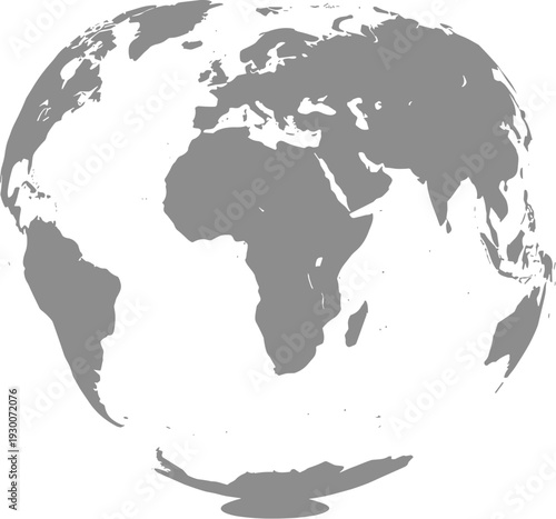 Grayscale Earth illustration centered on Africa, showing Europe and Asia, minimalist design emphasizing geography, continents, oceans, balance, clarity, perspective