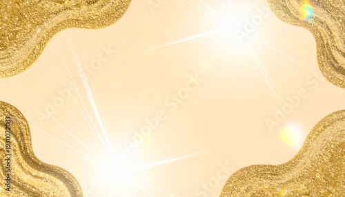 Marco ornamental dorado brillante con textura de purpurina y destellos de luz sobre fondo crema claro.