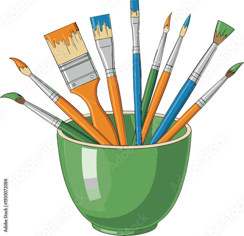 Paintbrush Set in Green Pot for Artistic Projects, Creative Design, and Painting Activities