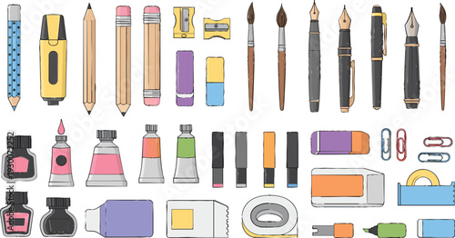 Creative Stationery and Art Supplies Vector Collection with Pencils, Brushes, Inks, and Accessories