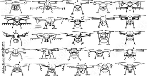 Detailed Black and White Line Art Set of Diverse Drones and UAVs. Collection of Quadcopter and Hexacopter Illustrations Showcasing Various Designs and Technical Drawings.