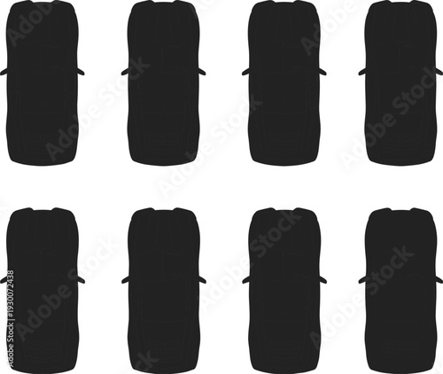 Black sports car top view silhouette set, detailed automotive vector illustration collection isolated on white background