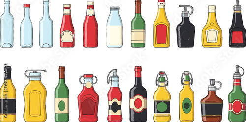 Variety of Bottles Including Condiments, Beverages, and Glass Containers